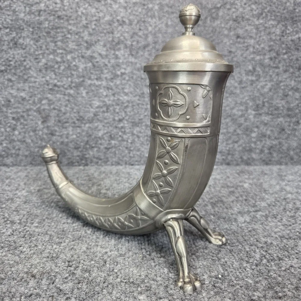 Vintage Aksel Holmsen Pewter Viking Drinking Horn with Lid Made in Norway 1930's